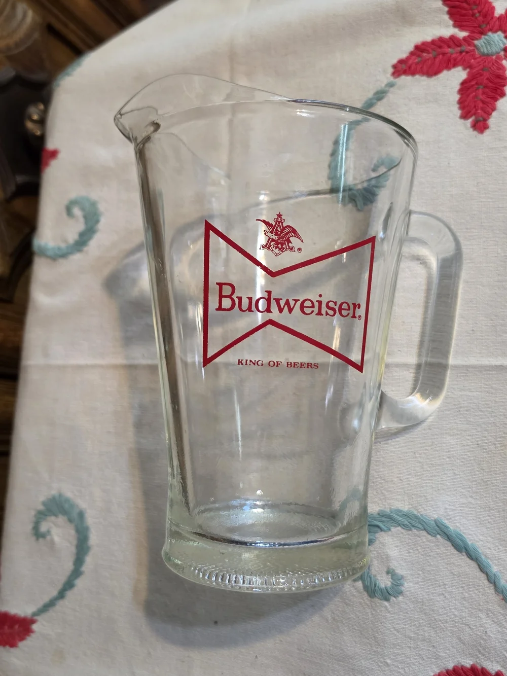 vintage Budweiser glass beer pitcher With iconic red bowtie logo
